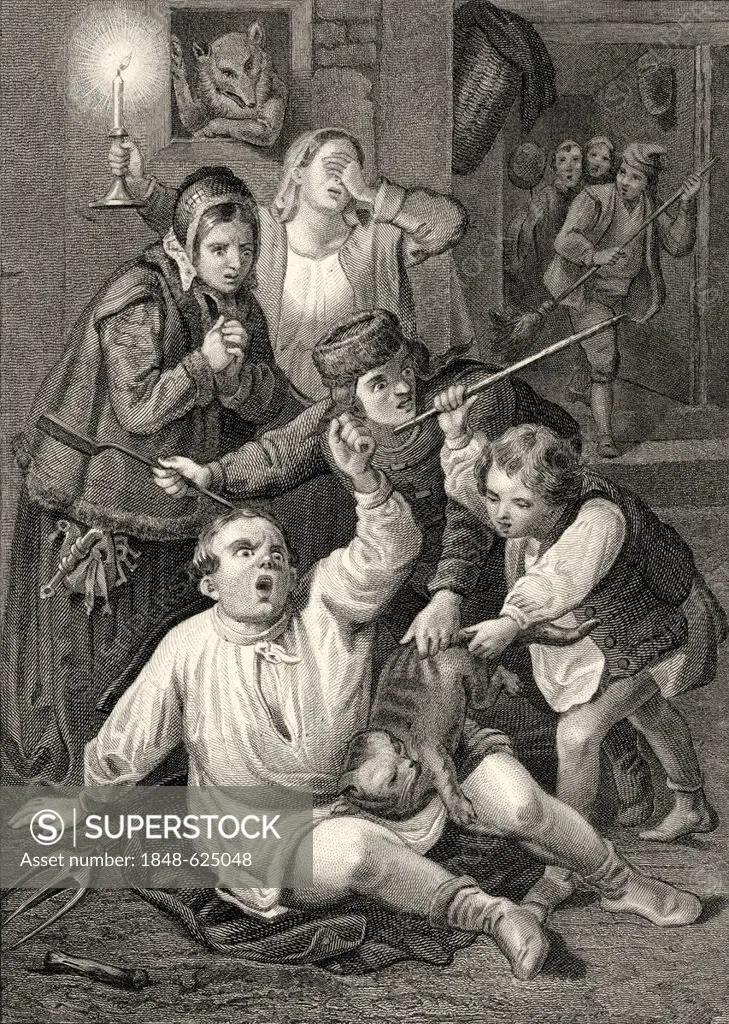 Historic steel engraving by Johann Baptist Wilhelm Adolf Sonderland, 1805 - 1878, a German illustrator, scene of Rénert the Fox, an epic poem by Johan...