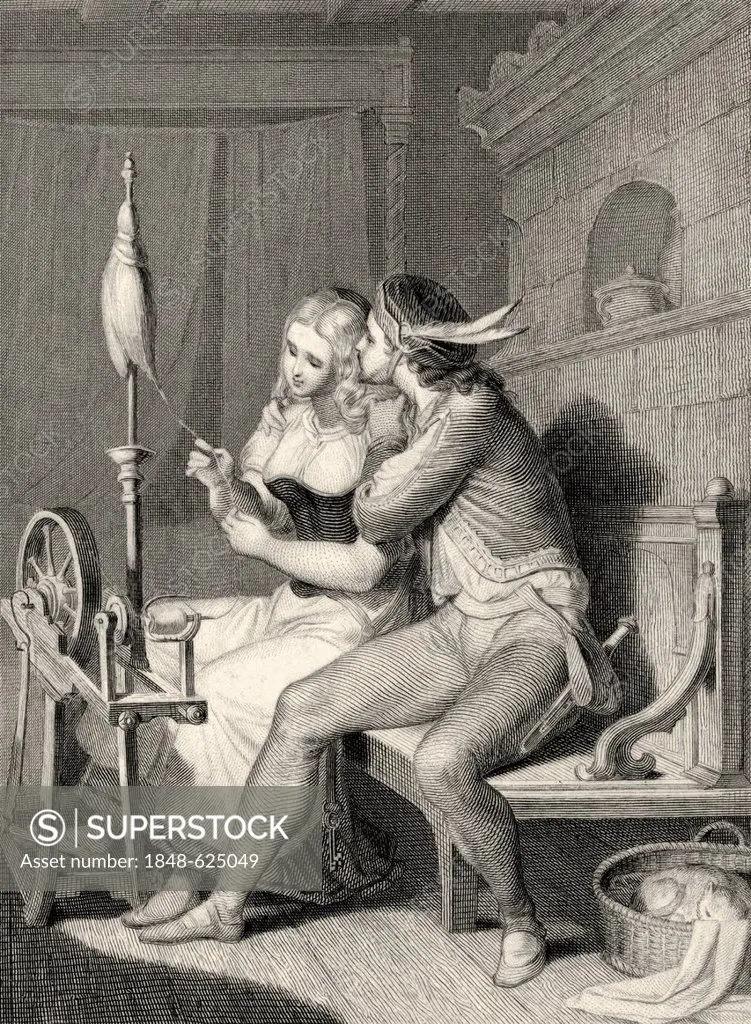 Historic steel engraving from the 19th century, lovers with a spinning wheel, a scene from the ballad The Spinner by Johann Wolfgang von Goethe