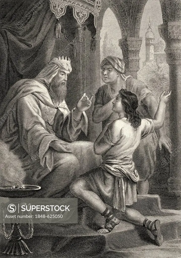 Historic steel engraving from the 19th century, the Roman Emperor Decius in Ephesus, Islamic Seven Sleepers legend from the West-Eastern Divan poetry ...
