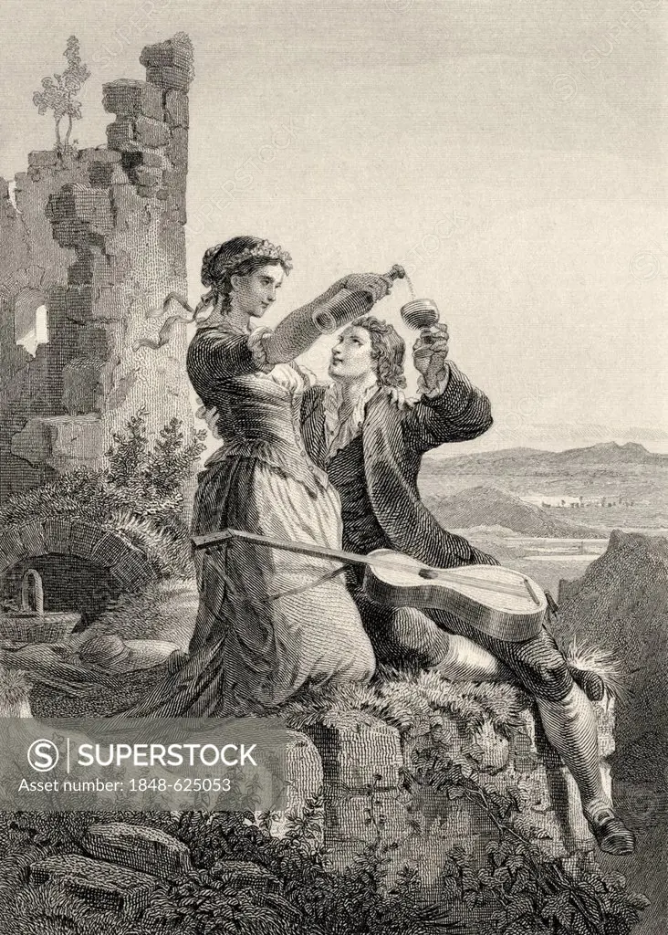Historic steel engraving by Ferdinand Rothbart, 1823 - 1899, a German illustrator, a young couple drinking wine in front of a ruined castle, a romanti...