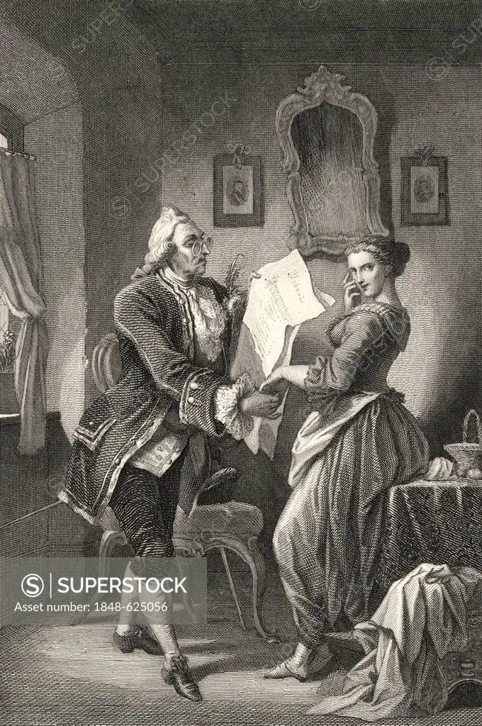 Historic steel engraving by Ferdinand Rothbart, 1823 - 1899, a German illustrator, an old man and a young woman, Baron of Chrysant and Finette, scene ...