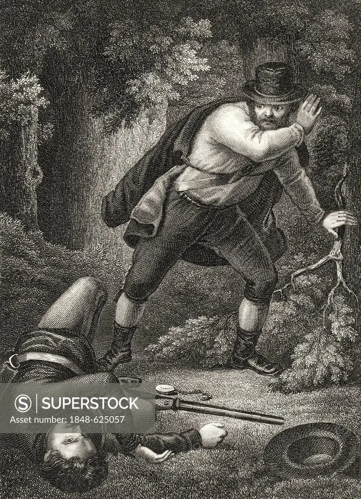 Historic steel engraving by Johann Baptist Wilhelm Adolf Sonderland, 1805 - 1878, a German illustrator, scene from The Felon of Lost Honour - a true s...