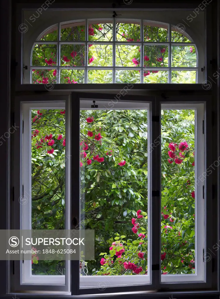 Romantic window from the turn of the century with a view of the garden with red roses