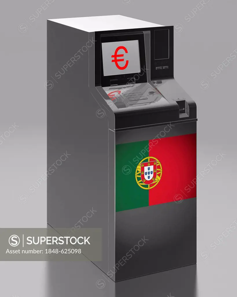 ATM with a Portugese flag, symbolic image for the euro rescue package for Portugal, illustration