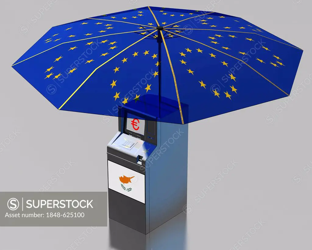 ATM with a Cypriot flag under an umbrella with the stars of the EU, symbolic image for the euro rescue package for Cyprus, illustration