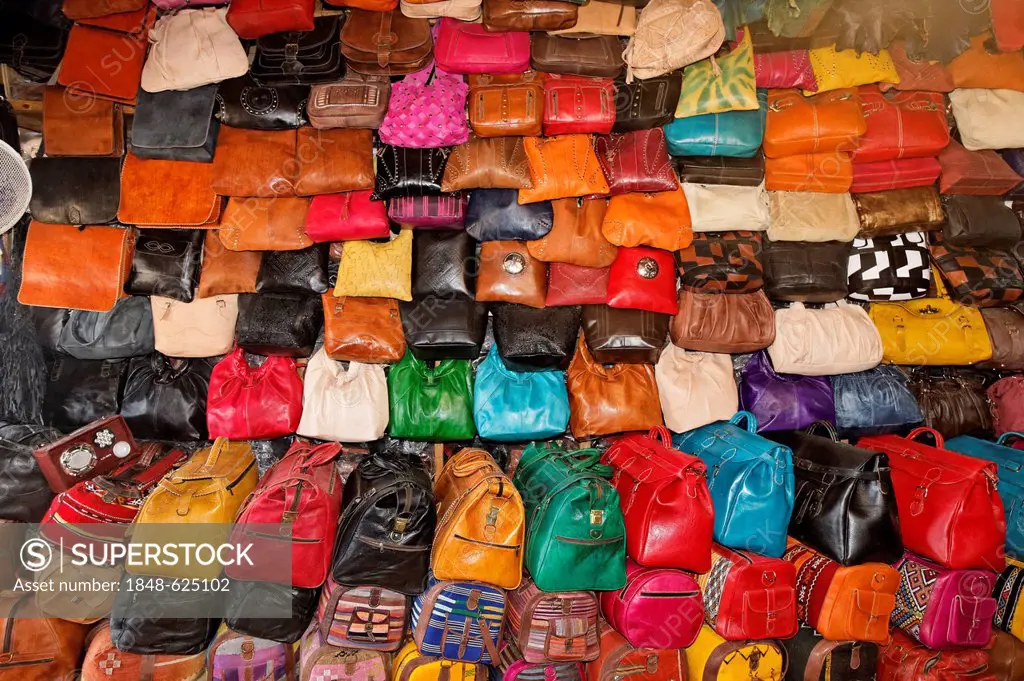 Colourful leather bags and handbags, Fès, Fez, Fès-Boulemane, Morocco, North Africa, Maghreb, Africa