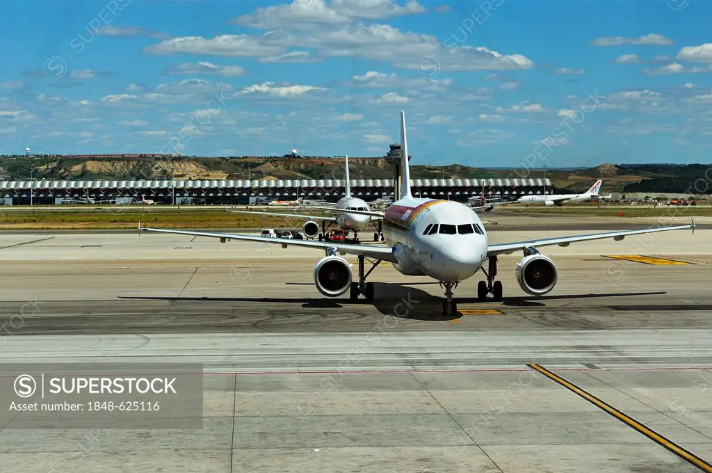 Aircraft awaiting departure clearance at Madrid-Barajas Airport, Madrid, Spain, Europe