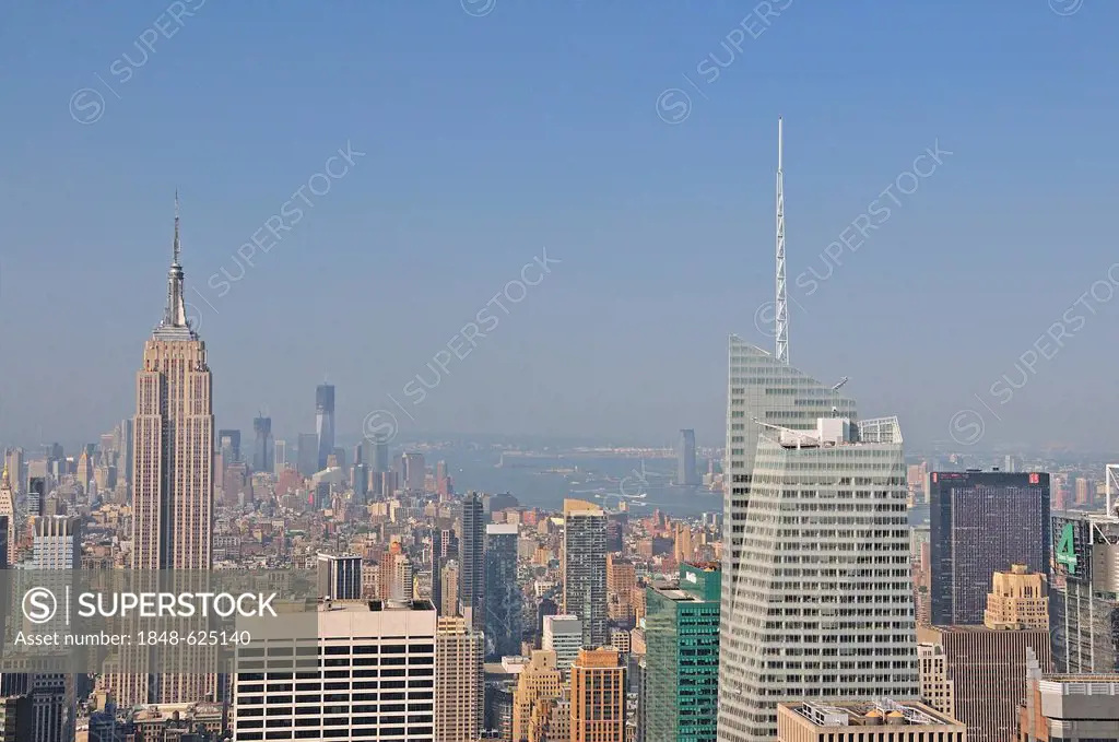 View from the observation deck Top of the Rock at the Rockefeller Center towards downtown Manhattan, Empire State Building, left, and the Bank of Amer...