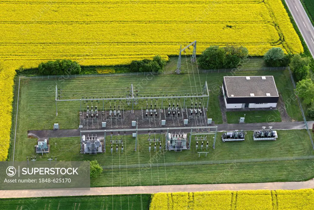 Aerial view, electric power transformation substation, Dornstadt, Baden-Wuerttemberg, Germany, Europe