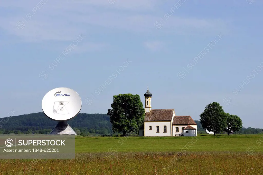 Raisting Satellite Earth Station with the chapel of St John, Pfaffenwinkel region, Five Lakes region, Upper Bavaria, Bavaria, Germany, Europe