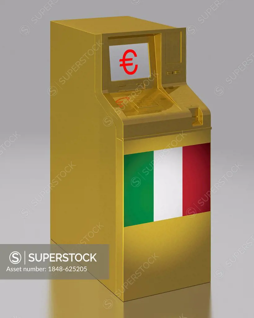 ATM with an Italian flag, symbolic image for the euro rescue package, illustration