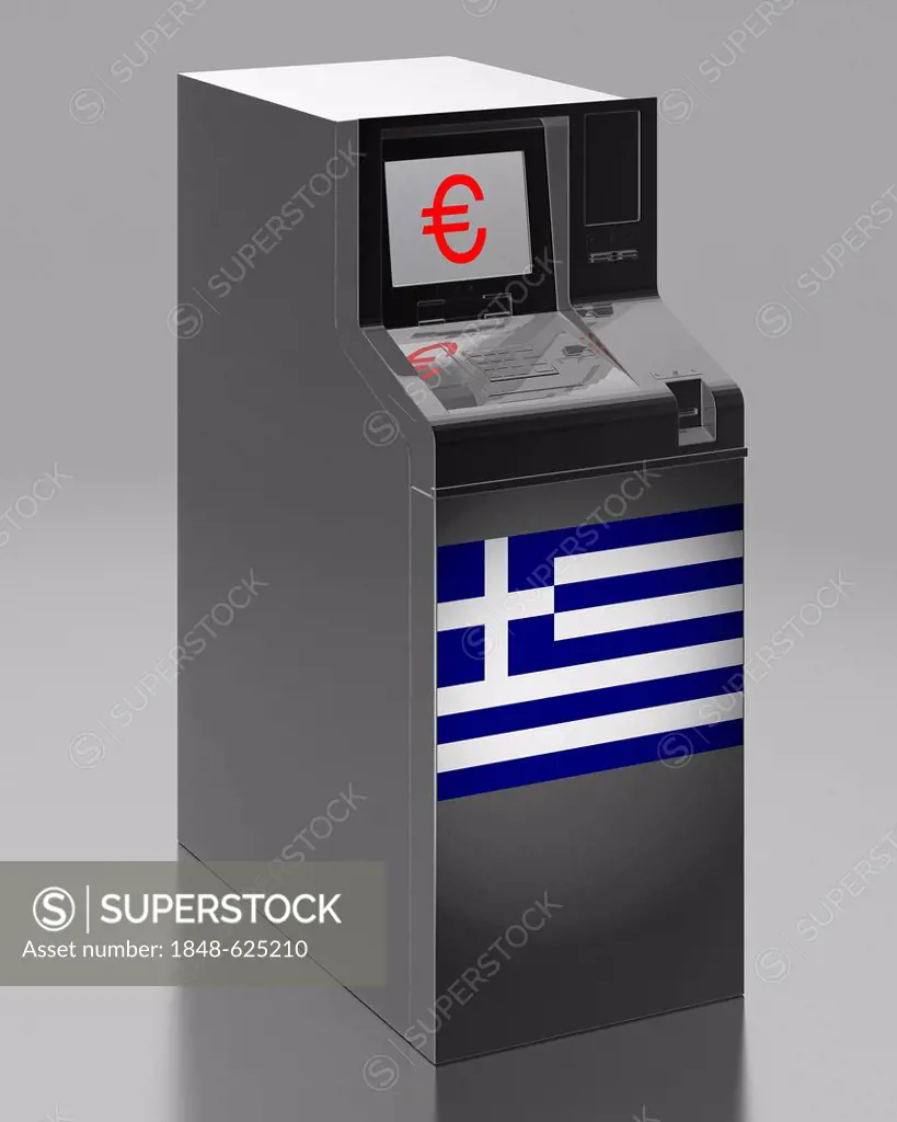 ATM with a Greek flag, symbolic image for the euro rescue package, illustration