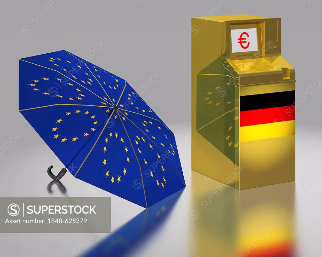 ATM with a German flag beside an umbrella with the stars of the EU, symbolic image for the euro rescue package, illustration