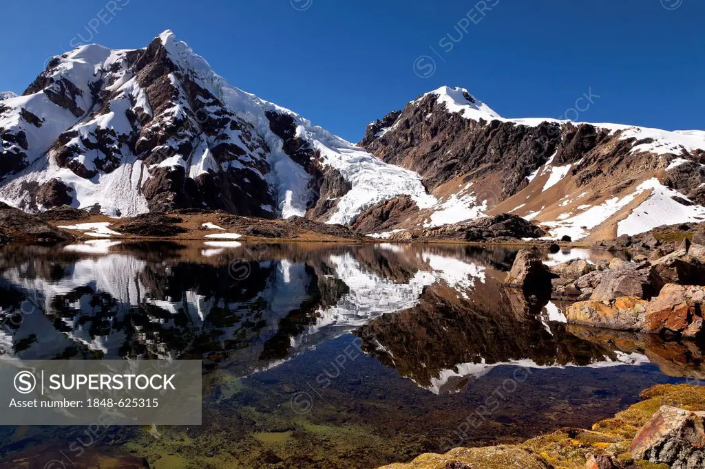 Mountain lake with reflection, Cordillera Huayhuash mountain range, Andes, Peru, South America