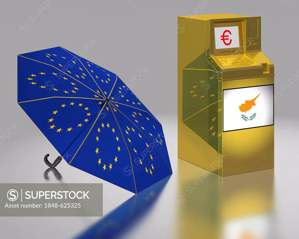 ATM with a Cypriot flag beside an umbrella with the stars of the EU, symbolic image for the euro rescue package for Cyprus, illustration