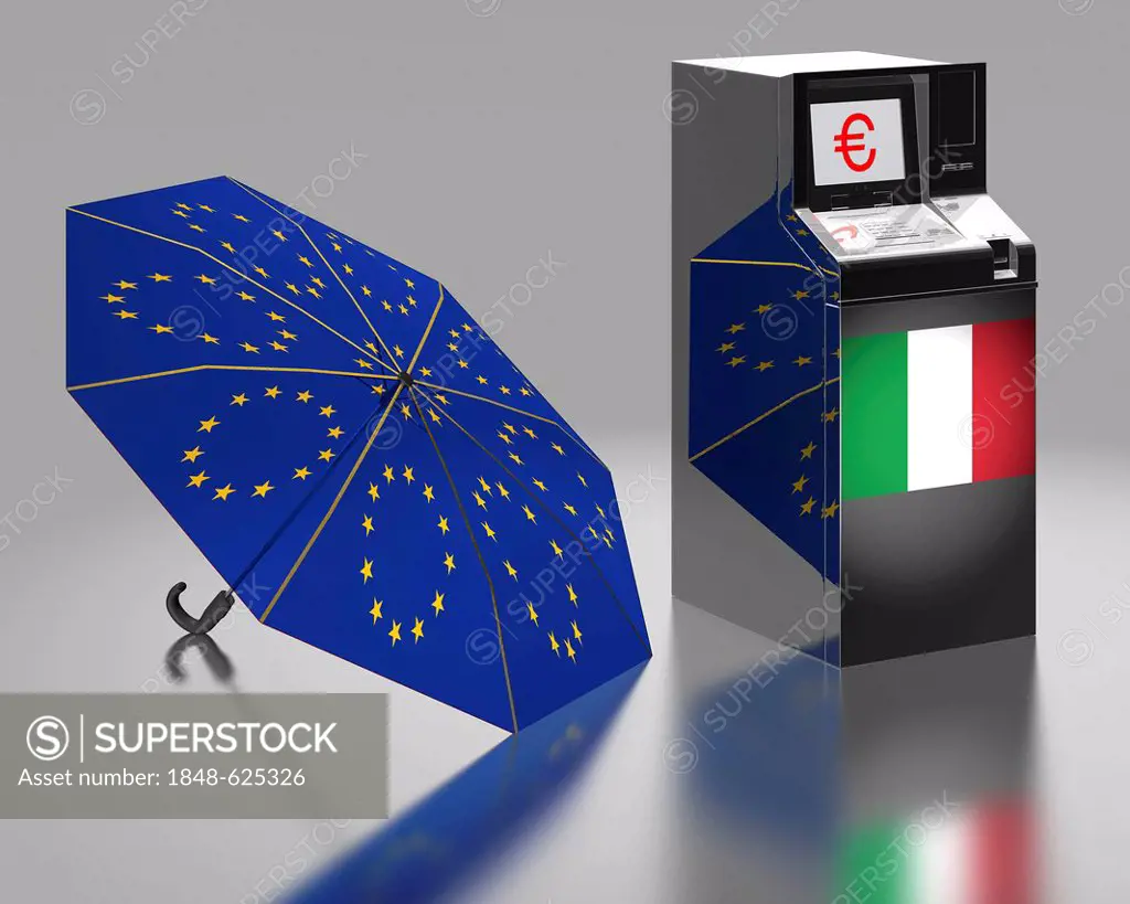 ATM with an Italian flag beside an umbrella with the stars of the EU, symbolic image for the euro rescue package for Italy, illustration