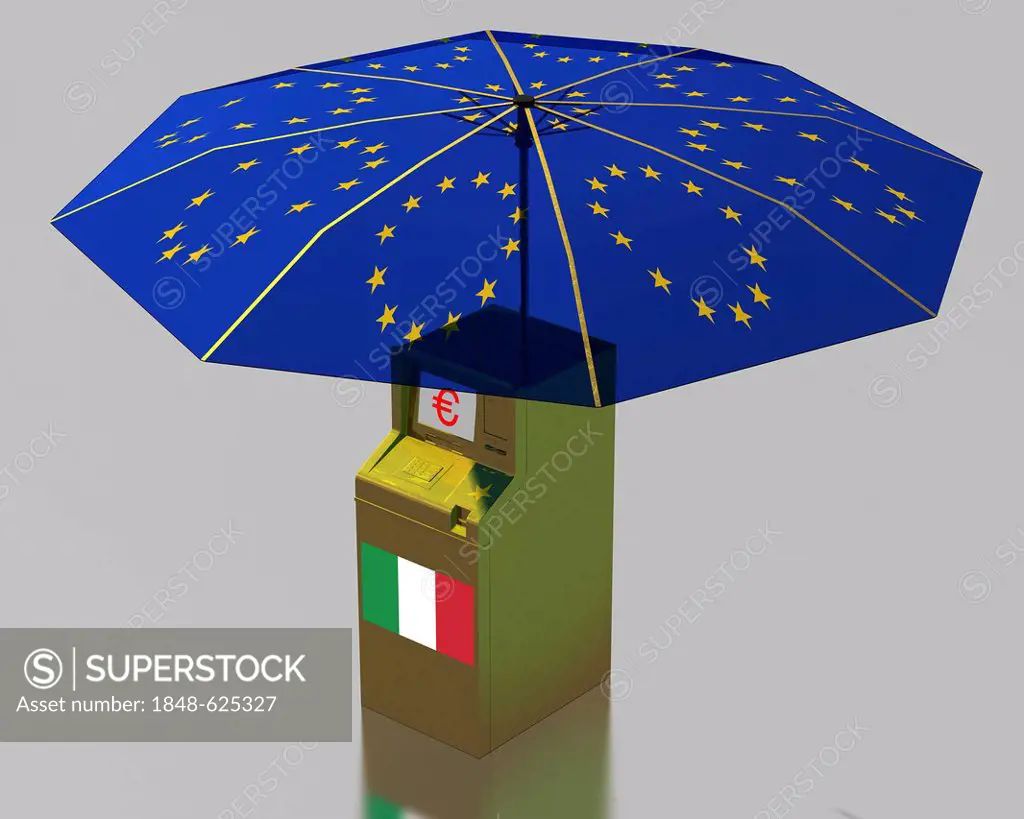 ATM with an Italian flag beneath an umbrella with the stars of the EU, symbolic image for the euro rescue package for Italy, illustration