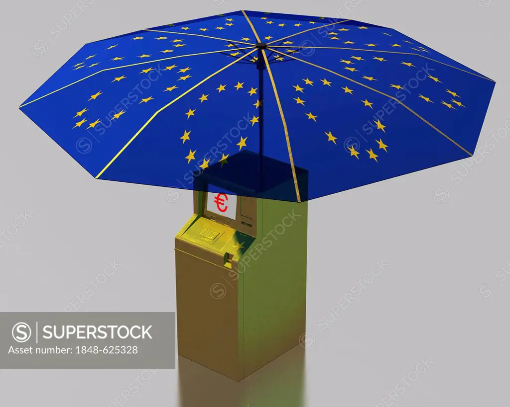 ATM beneath an umbrella with the stars of the EU, symbolic image for the euro rescue package, illustration