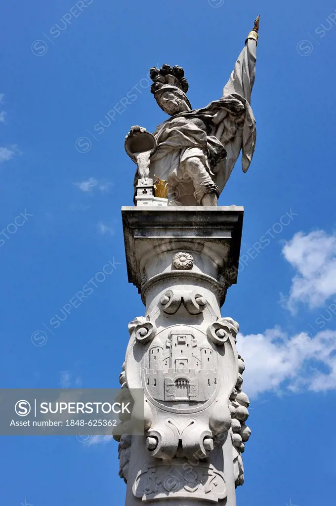 Sculpture of St. Florian at the Florian fountain, Alter Markt square, Salzburg, Salzburg province, Austria, Europe