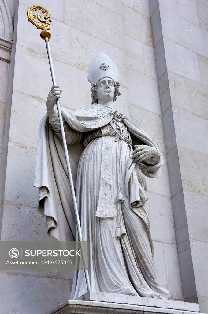 Monumental sculpture of St. Rupert, church patron, outside Salzburg Cathedral, created in 1660 by Bartholomaeus van Opstal, Domplatz square, Salzburg,...