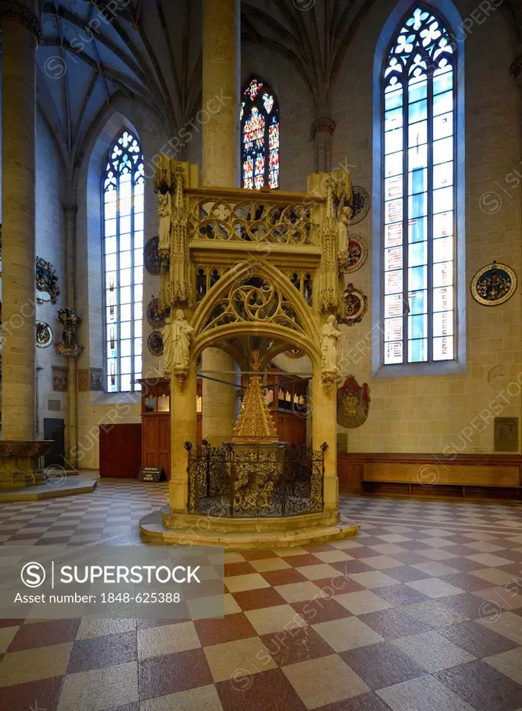 Gothic baptismal font, under a canopy with a stoup, interior view, Ulmer Muenster, Ulm Minster, Ulm, Baden-Wuerttemberg, Germany, Europe