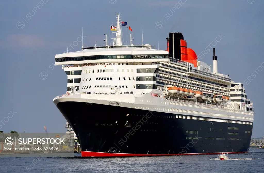 Cruise ship Queen Mary 2, size comparison with a sports boat in the harbour, Hamburg, Germany, Europe