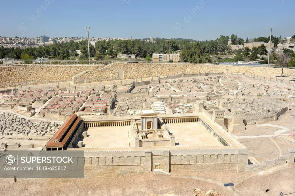 Open-air model of Jerusalem, Ezra Model, city of Herod, at front the Temple Mount with the Second Temple, Israel Museum, West Jerusalem, Jerusalem, Is...