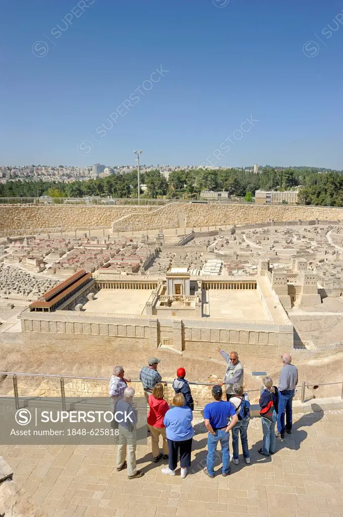 Tourist group looking at the open-air model of Jerusalem, Ezra model, city of Herod, Temple Mount with the Second Temple at front, Israel Museum, West...