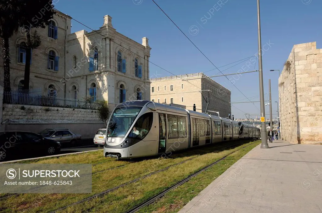 New tram in Jerusalem, Light Rail Transit, near the Old City, Jerusalem, Israel, Western Asia, Middle East
