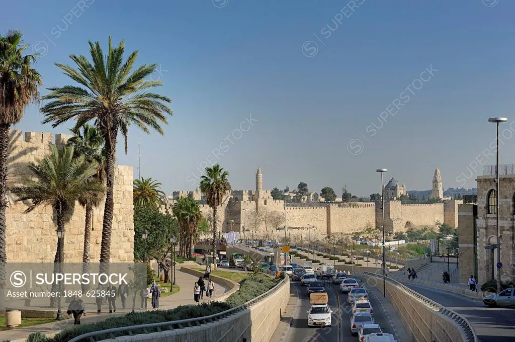 Exposed western part of the city walls with the Java Gate, Citadel of Jerusalem and the Tower of David, Abbey of the Dormition at back, Jerusalem, Isr...