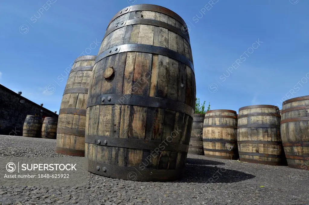 Whiskey barrels from America which had been used as Boubon whiskey barrels, now waiting to be reused for Scotch Single Malt Whisky, Glenmorangie, dist...