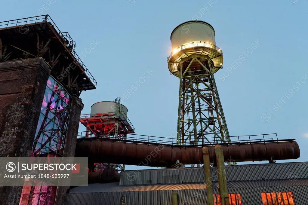 Water tower and pump house, illuminated, Extraschicht, event, night of industry culture, Jahrhunderthalle, Centennial Hall, Bochum, Ruhr Area, North R...