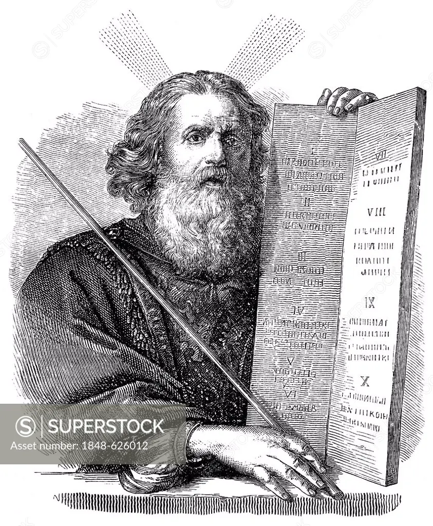 Historical drawing from the 19th Century, portrait of the Prophet Moses, central figure of the biblical books of Moses, leader of the Israelites