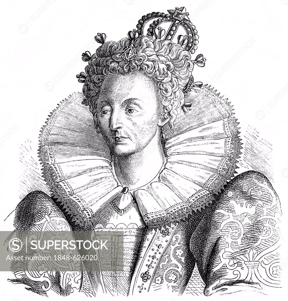 Historical drawing from the 19th Century, portrait of Elizabeth I, 1533-1603, Queen of England