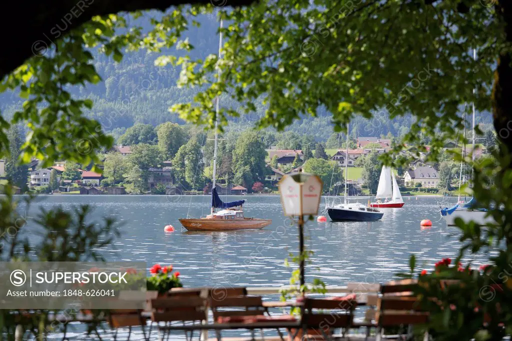 Mondsee lake, view from Fisherman's Restaurant in Mondsee, Salzkammergut region, Upper Austria, Austria, Europe