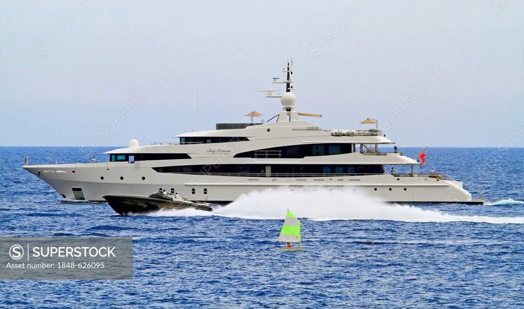 Lady Christina, a cruiser built by Oceanco, being overtaken by a motorboat, length: 62 meters, built in 2005, Monaco, French Riviera, Mediterranean Se...