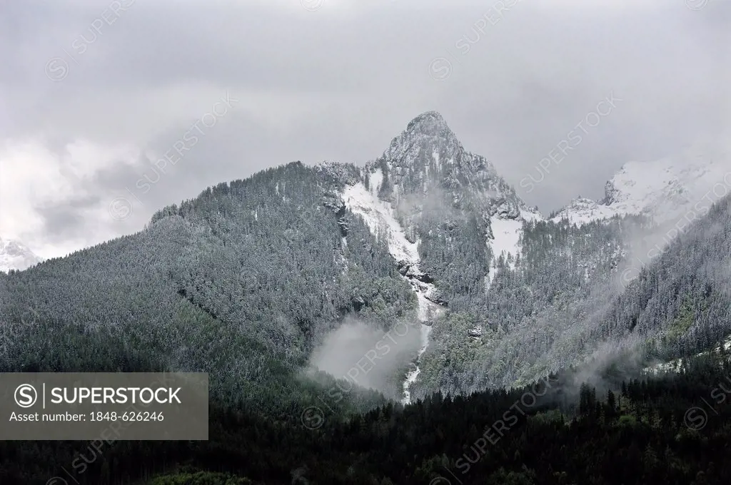 Fresh snow on Mt Hochkalter on a cloudy morning, Ramsau, Berchtesgadener Land region, Upper Bavaria, Germany, Europe