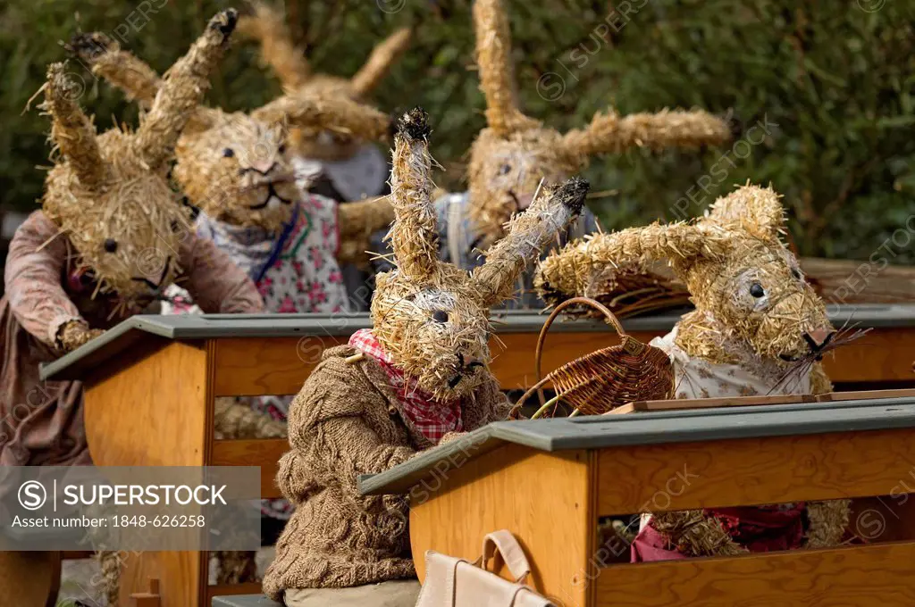 Life-size straw dolls, Easter bunnies as pupils in a bunny school at Easter time, Niederneuching-Ottenhofen, Upper Bavaria, Bavaria, Germany, Europe