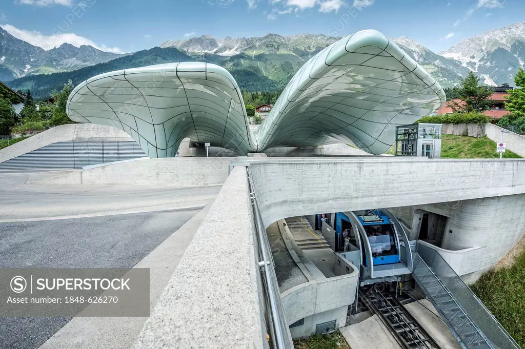 Hungerburgbahn, hybrid funicular railway, valley station at Congress, built by famous architect Zaha Hadid, Innsbruck, Tyrol, Austria, Europe