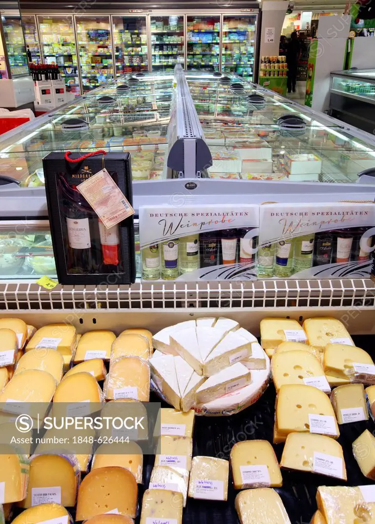 Cheese display and freezers with various frozen products, convenience foods, self-service, food department, supermarket, Germany, Europe