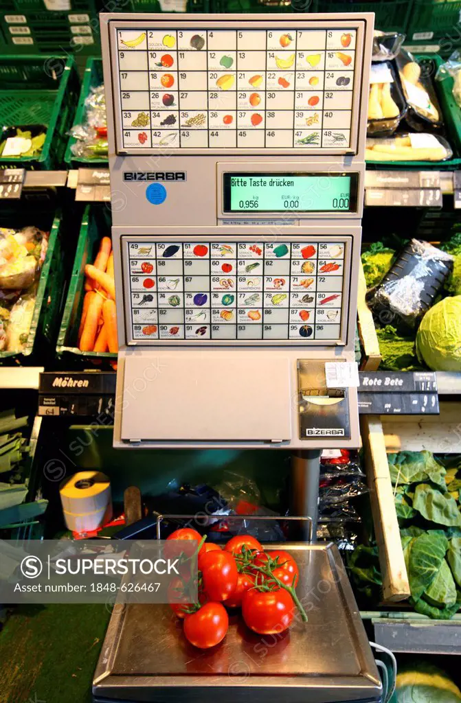 Price computing scales in the fruit and vegetable section of a self-service grocery department, supermarket, Germany, Europe