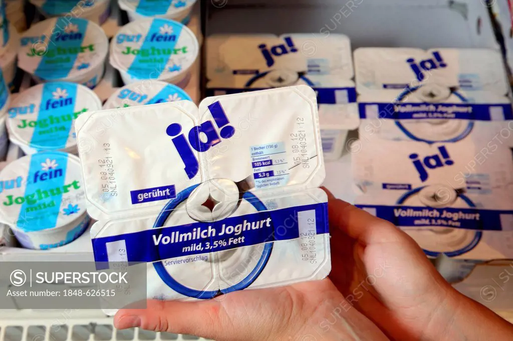 JA-brand yogurt, food hall, supermarket, Germany, Europe
