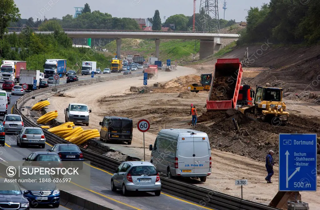Highway construction, expansion of the roadway to 6 lanes in total, earthworks for the new roadway to Dortmund on the A40 motorway, Ruhrschnellweg, ne...