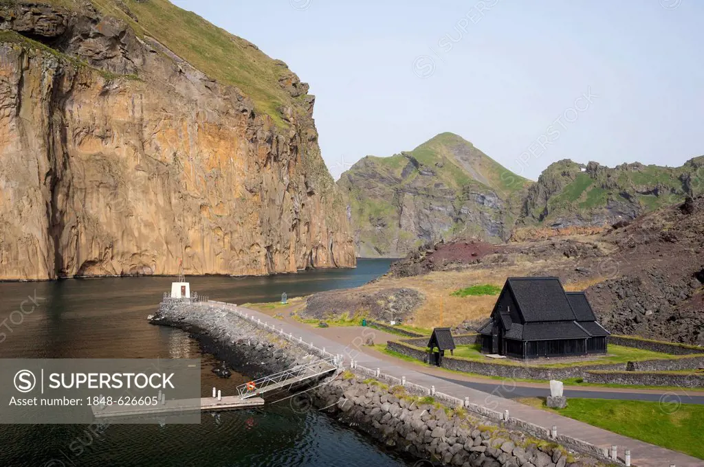 Stave church, Skansinn, Eldfell lava field, harbour, town of Vestmannaeyjar, Heimaey Island, Westman Islands, Suðurland or South Iceland, Iceland, Eur...