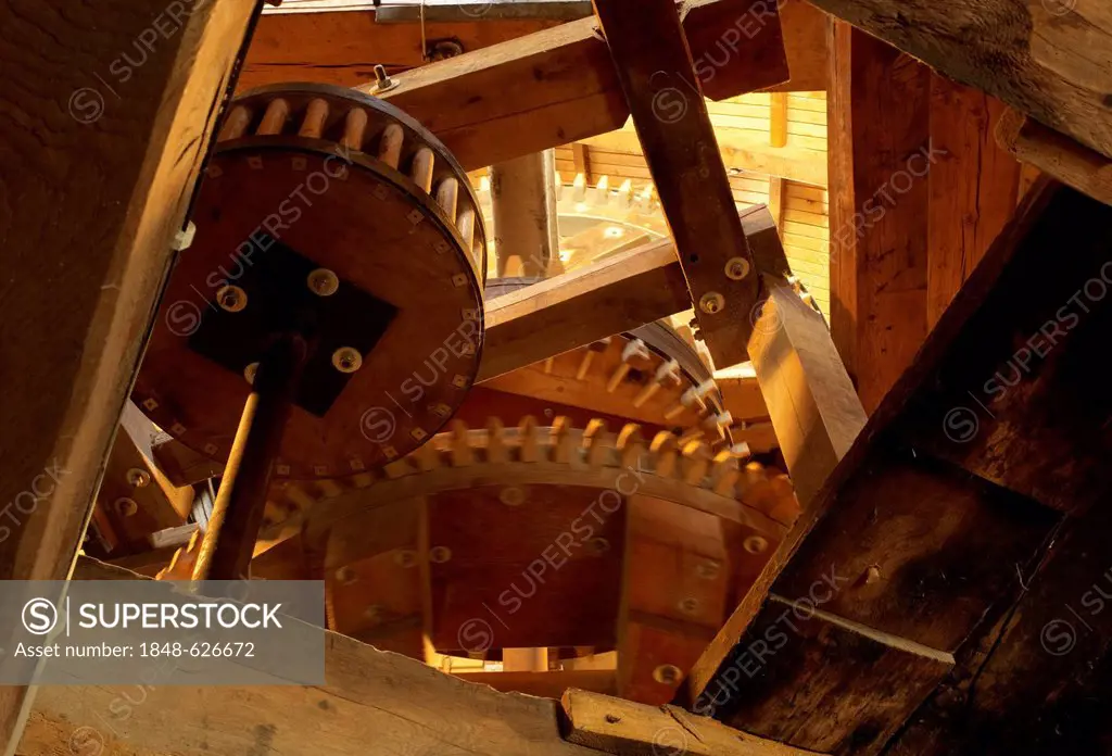 The inner life of a windmill with wooden cogwheels, Bardowick, Lueneburg Heath, Lower Saxony, Germany, Europe