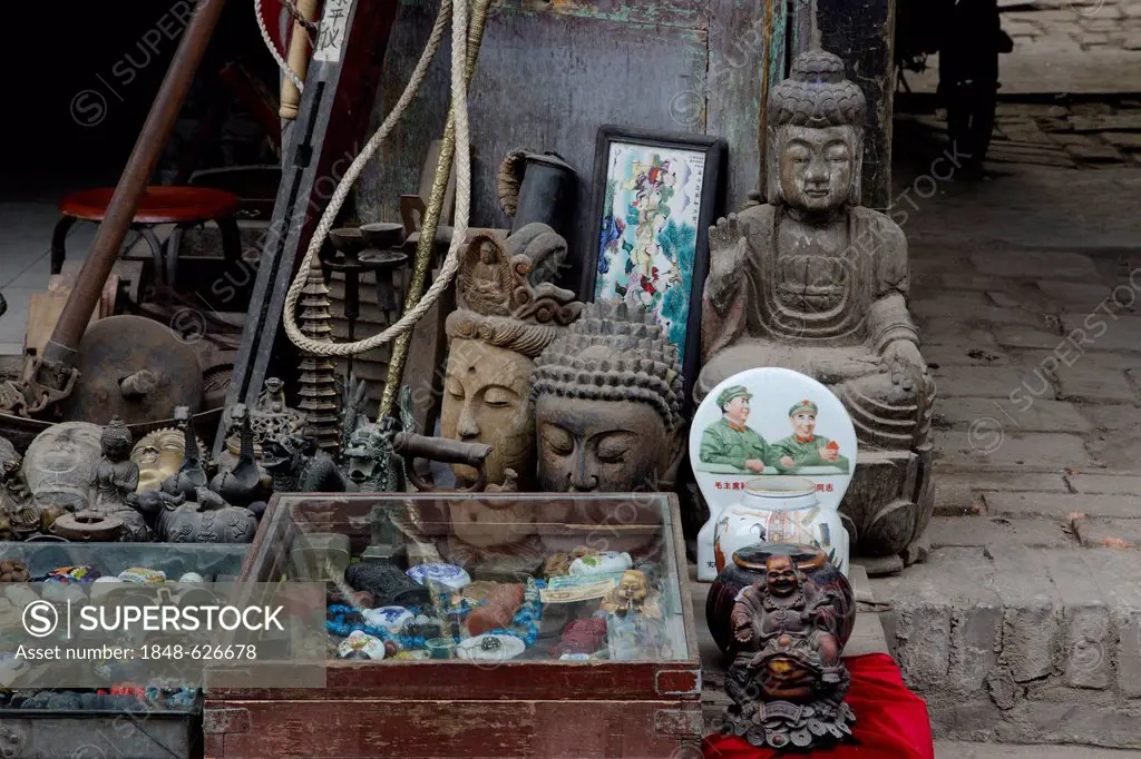 Display of goods of a second-hand dealer, antique dealer, historic old town of Pingyao, UNESCO World Heritage Site, Shanxi, China, Asia