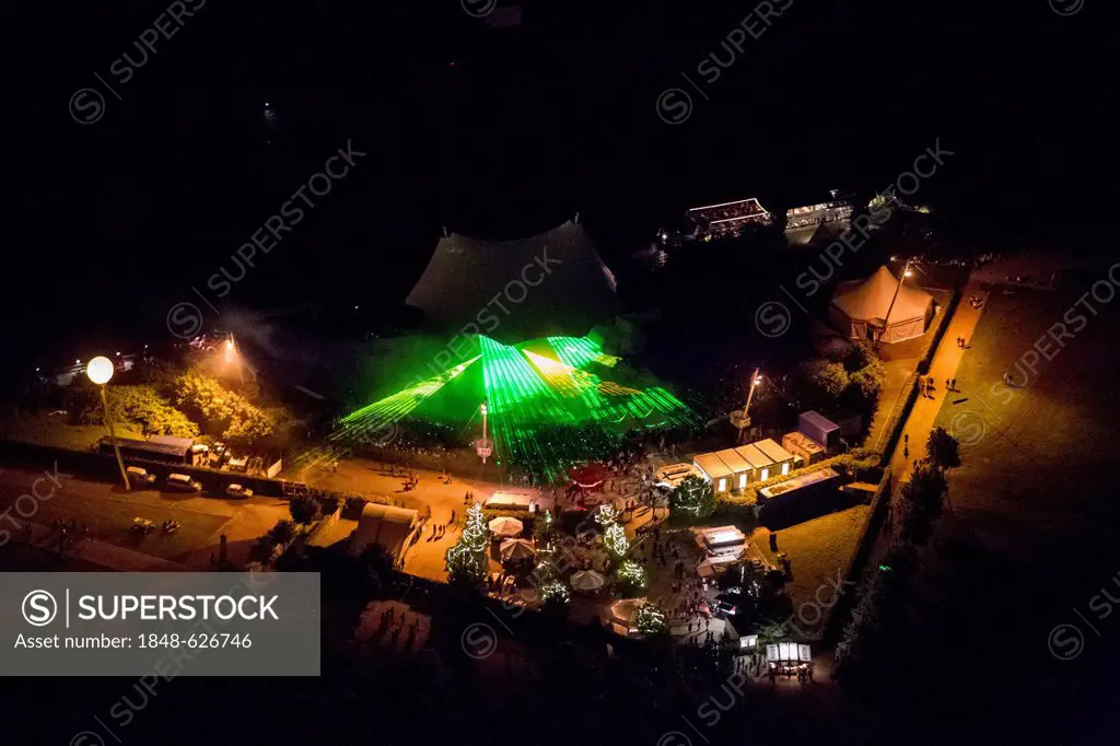 Aerial view, laser show at night, Nordsternpark, performance area, amphitheatre, Extraschicht 2012, special cultural event, Gelsenkirchen, Ruhr Area, ...