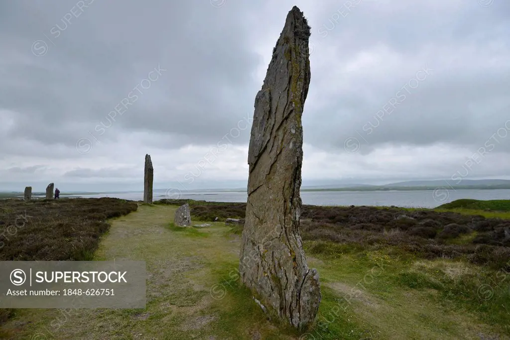 Standing stones, stone circle, Ring of Brodgar, henge, Mainland, Orkney Islands, Scotland, United Kingdom, Europe