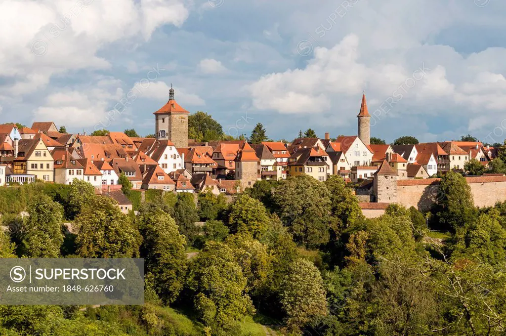 View of historic centre of Rothenburg ob der Tauber as seen from Burggarten, Bavaria, Germany, Europe