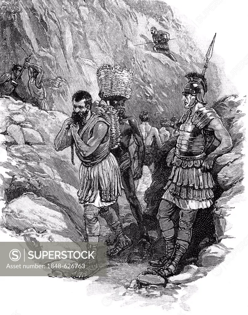 Historical drawing from England, 19th Century, Roman legionary supervising Anglo-Saxon workers in a tin mine in circa 50 AD